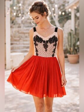 Balletcheena Couture Lace Appliqué Cocktail Dress Pleated Skirt Size M